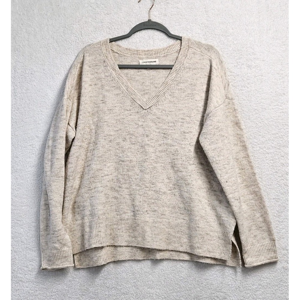 Lucky Brand Sweater Womens Size M Beige Long Sleeve V Neck Pullover